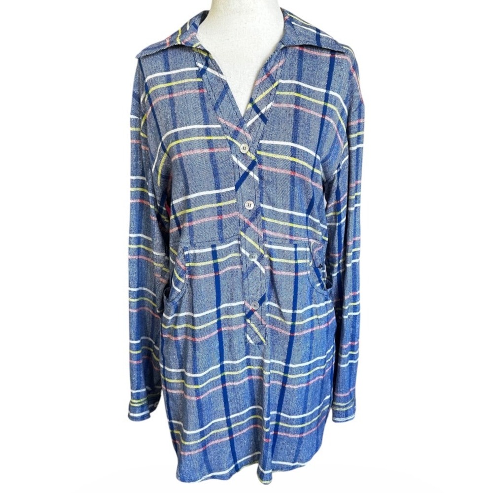 Plenty by Tracy Reese Blue Plaid Tunic Shirt Womens XS Rayon Long Sleeve | 0119